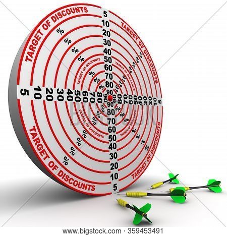 Target Of Discounts With Darts. Red Target Of Discounts And Darts On White Surface. Isolated. 3d Ill