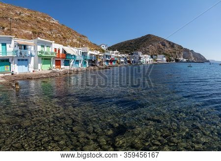 Panorama Of Coloured Houses In Klima Beach, Milos, Greece