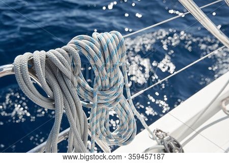 Close-up View Of Sailboat Ropes At Sunny Weather, Pulleys And Ropes On The Mast, Yachting Sport, Shi