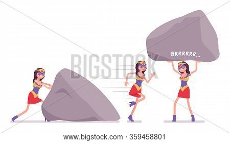 Female Super Hero In Attractive Costume Carrying Stone. Effective Wonder Warrior Superpower Sexy Wom