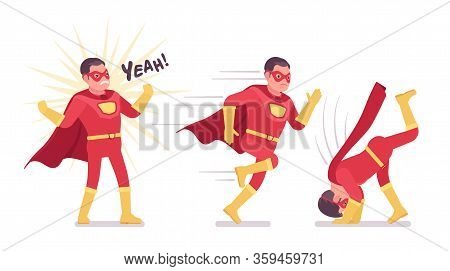 Male Super Hero In Classic Red Costume, Different Poses. Heroic Strong Warrior, Superpower Man With 