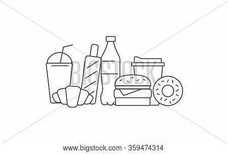 Fast Or Street Food Meal Items Put Together In Still Life Composition, Simple Line Icons Of Lunck Sn