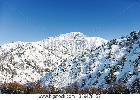 Tian Shan Mountain System In Uzbekistan. Winter Landscape In The Ski Resort Beldersay