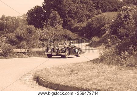 Pesaro Colle San Bartolo , Italy - May 17 - 2018 : Jaguar Xk140 Ots 1954 On An Old Racing Car In Ral