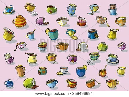 Cups Filled With Milk, Coffee Or Tea With Lemon Or Sugar