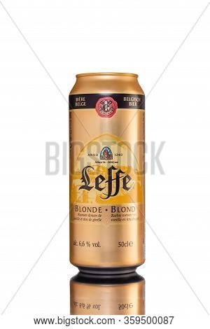 St. Petersburg, Russia, February 29, 2020. Beer Leffe Blond Light, On A White Isolated Background, W