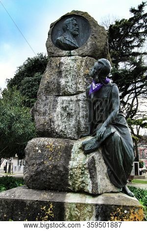 Lisbon, Portugal- March 4, 2020: Franga Borges Statue With Purple Scarf Tied Around The Neck For Int
