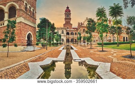 Sunset view from pedestrian bridge of Sultan Abdul Samad Building at Merdeka square, Kuala Lumpur, Malaysia. Panorama