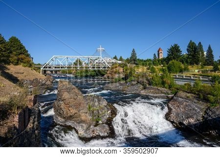 Spokane, United States: August 1, 2019: Water Tumbles Down Shoal In Spokane Washington