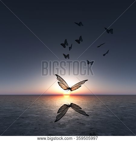 A Swarm Of Butterflies Against A Sunrise Background, 3d Illustration.
