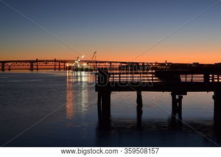 Sunrise At The Waterfront Of Martinez, California, Usa, Featuring The Benicia-martinez Bridge And A 