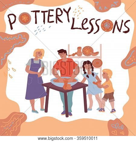 Ceramist At Work Teaches Children Flat Vector Illustration Isolated On White.