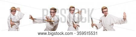 Funny karate fighter with nunchucks on white