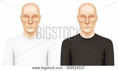 Asian Men Model Dressed In A Slim-fit Long-sleeve Crewneck T-shirts. White And Black Shirt Vector Mo