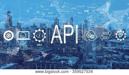 Api - Application Programming Interface Concept With Downtown Chicago Cityscape Skyscrapers
