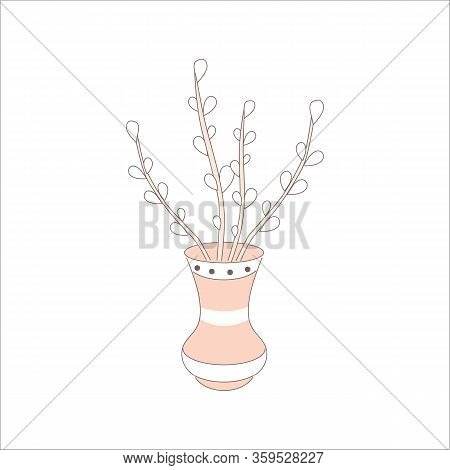 Spring April Flowers In Pot For Happy Easter Day, Decoration Elment. Holiday Willow Blossom In Vase.