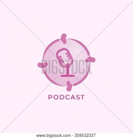Girly Podcast Logo Design Template Isolated On Soft Pink Background. Pinky Condenser Microphone Illu