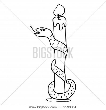 A Candle For A Magic Ritual On A Coiled Snake Stand. Hand Drawn Vector Illustration Isolated On Whit