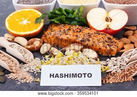 Inscription Hashimoto With Nutritious Natural Products And Ingredients Containing Vitamins For Healt