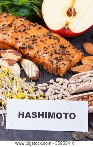 Inscription Hashimoto With Best Nutritious Food For Healthy Thyroid. Natural Eating Containing Vitam