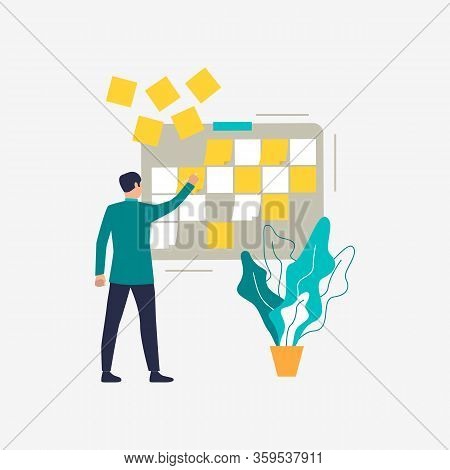 Manager Removing Notes From Board. Employee Completing Project And Cleaning Kanban Board. Business C