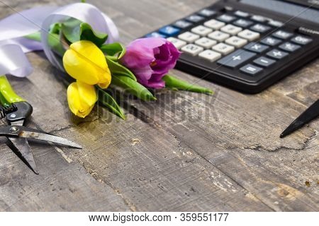 Store Flowers Background. Flower Delivery. Floral Design. Fresh Flowers On A Wooden Table.