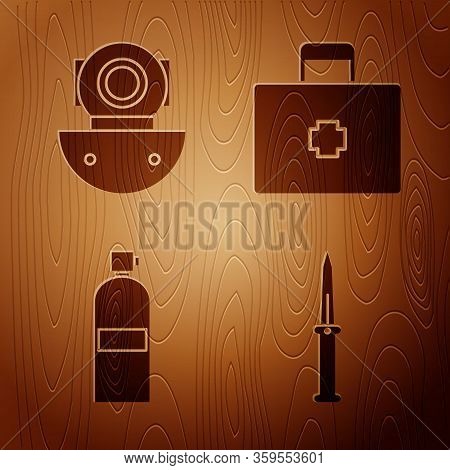 Set Army Knife, Aqualung, Aqualung And First Aid Kit On Wooden Background. Vector