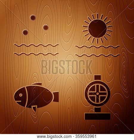 Set Industry Metallic Pipes And Valve, Cold And Waves, Fish And Sun And Waves On Wooden Background. 