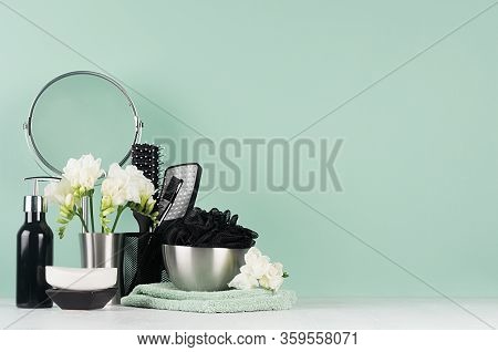 Mint Menthe Bathroom Interior With Bath Cosmetic - Black Shower Sponge, Towel, Mirror, White Flowers