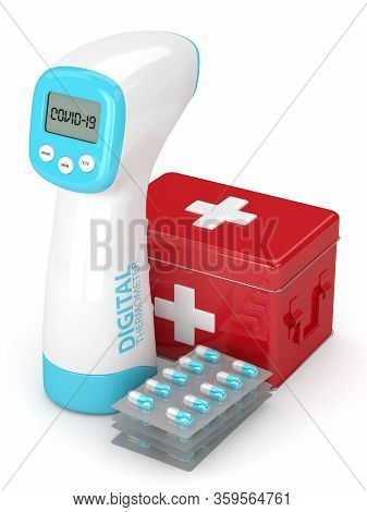 3d Render Of Digital Thermometer With First Aid Kit And Pills Over White Background. Covid-19 Treatm