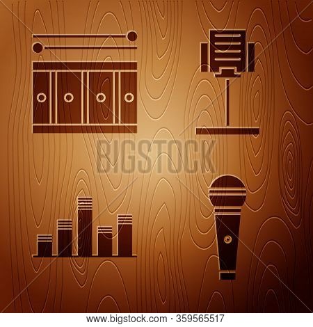 Set Microphone, Drum With Drum Sticks, Music Equalizer And Music Stand On Wooden Background. Vector