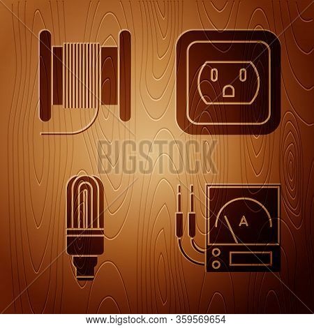 Set Ampere Meter, Multimeter, Voltmeter, Wire Electric Cable On A Reel Or Drum, Led Light Bulb And E