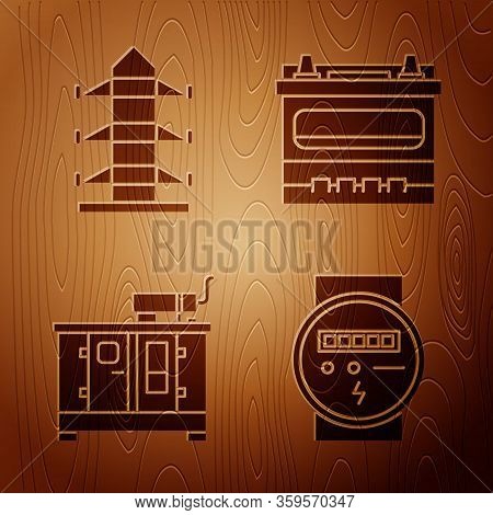 Set Electric Meter, High Voltage Power Pole Line, Diesel Power Generator And Car Battery On Wooden B