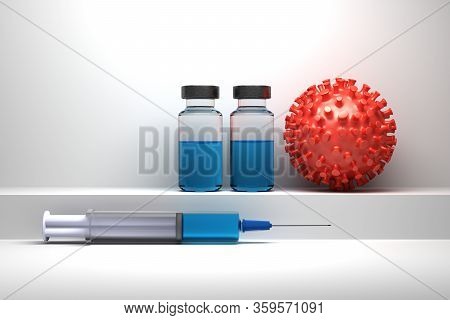 Virus Disease Medication Cure Research Abstract Illustration. Red Virion Particle, Syringe And Bottl