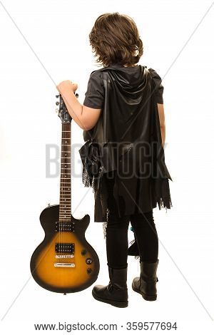 Back Of Rocker Kid Boy With Long Hair And Guitar Isolated On Hwite Background