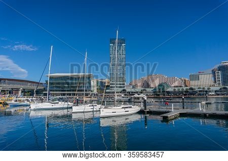 Sydney, Australia - July 23, 2017: Darling Harbour Harbourside With Icc, International Convention Ce