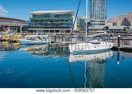 Sydney, Australia - July 23, 2017: Darling Harbour Harbourside With Icc, International Convention Ce