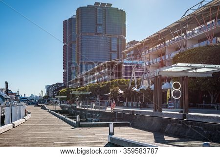 Sydney, Australia - July 23, 2017: Barangaroo Wharf With Barangaroo International Towers And Waterfr