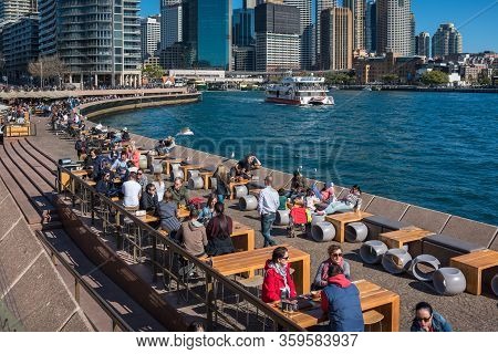 Sydney, Australia - July 23, 2017: Circular Quay Sydney Cityscape With People Relaxing At Al Fresco 