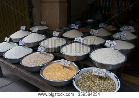 Different Kinds Of Rice Grains For Sale On Fresh Food Market In Ho Chi Minh City, Vietnam