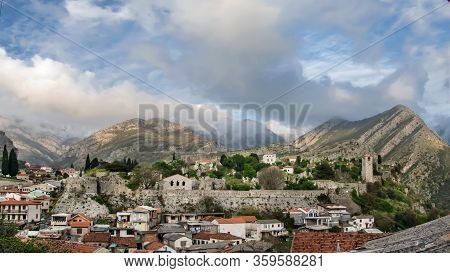 The View From The Top. The Old Part Of The City Of Bar In Montenegro Against The Background Of Mount
