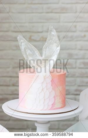 Mermaid Theme Candy Bar With Cake, Cupcakes, Macaroons And Biscuits. Sea Shell Shaped Macaroons With