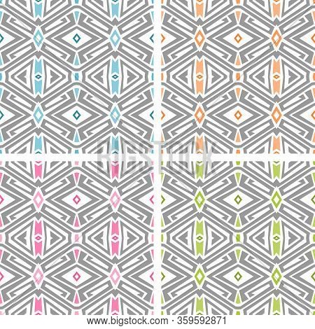 Set Of Four Seamless Geometric Pattern Over White Background. Pastel Colored Tiling For Textile Desi