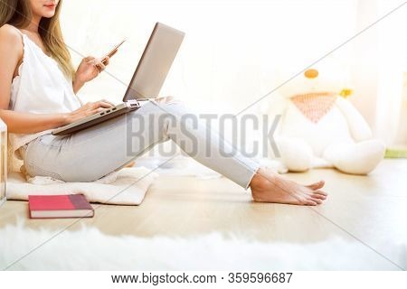 Wfh: Caucasian Asian Woman Stay Home Stay Safe. Social Distancing And Physical Distancing. Lifestyle