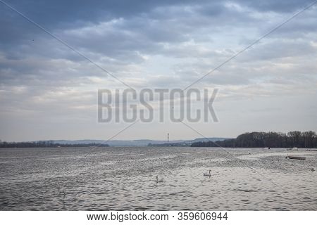 Belgrade Under The Rain Seen From Zemun, On Zemunski Kej, With An Industrial Chimney In Background I