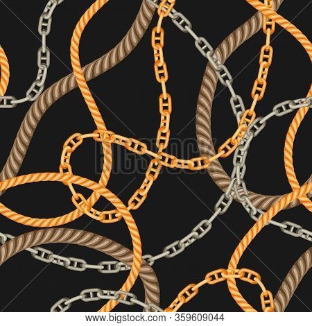 Seamless Pattern With Old Chains And Ropes. Nautical Chain And String Decorative Background.