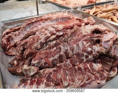 Sparerib Pork On A Stainless Steel Tray In Supermarket