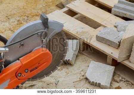 Sawing Machine For Cutting Marble Stone At Reconstruction Area. Closeup