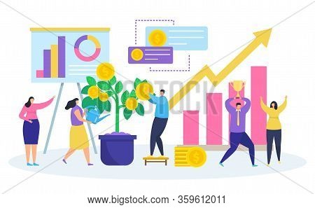 Business Investment Vector Illustration. Cartoon Tiny People Watering Money Tree Plant With Coin Lea