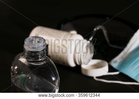 Coronavirus prevention medical surgical masks and hand sanitizer gel for hand hygiene corona virus protection. covic19 